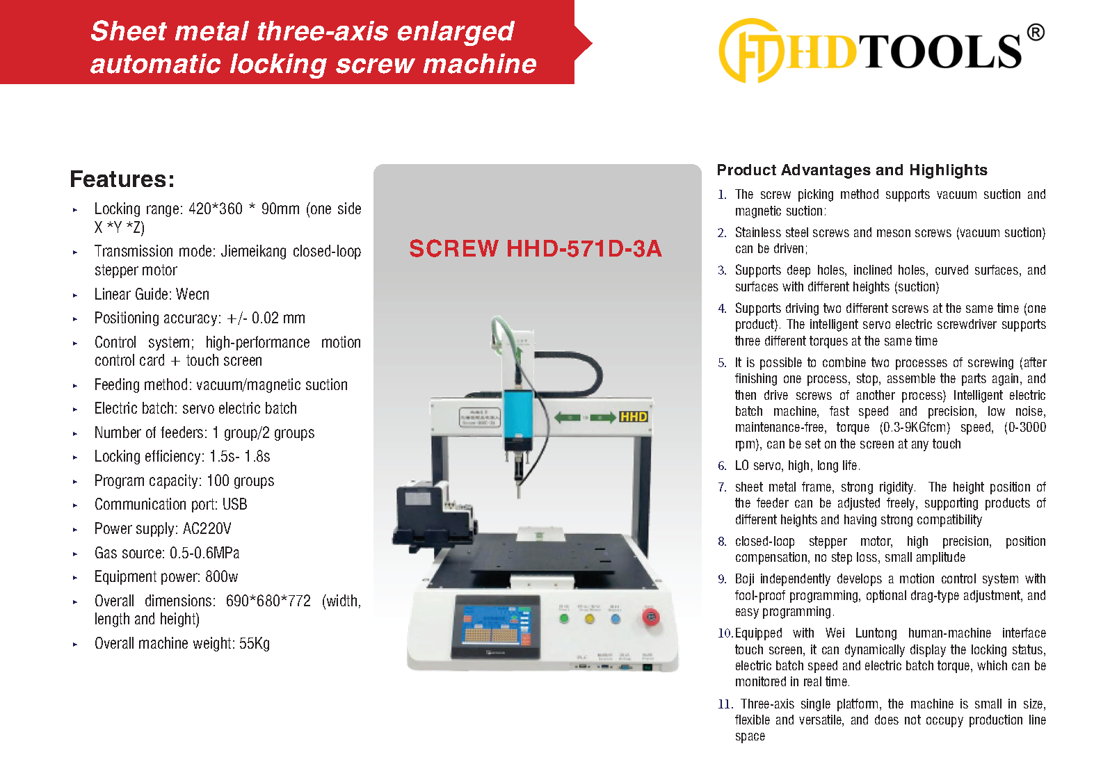 Máy Bắn Vít Tự Động 3 Trục Sheet Metal HHD-571D-3A Máy Bắn Vít Tự Động 3 Trục Sheet Metal HHD-571D-3A